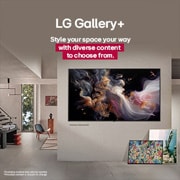 LG 75 inch LG QNED evo AI QNED86 4K 120Hz Smart TV AI Magic remote webOS25 2025 , Interior of a sophisticated home. Lots of different artworks are displayed. On the center wall is an LG TV with artwork on the screen. The TV looks like a painting from a museum., 75QNED86A6A, thumbnail 15